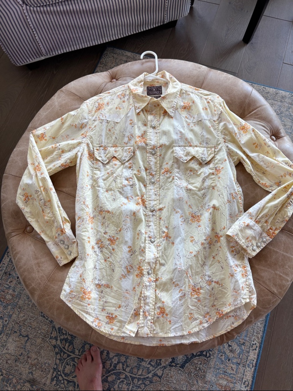 Lucky Brand Men's Floral Western Shirt - Yellow/Ivory with Orange Accents Size S